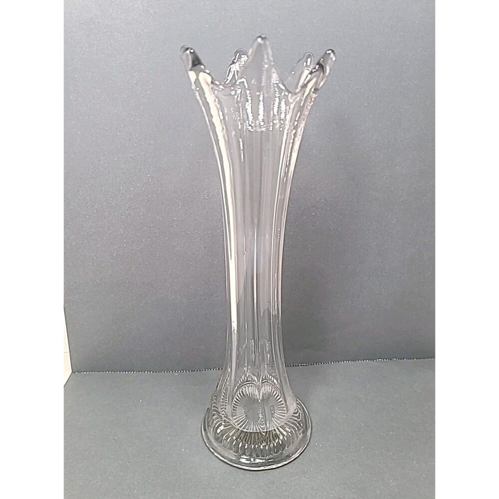 Vintage Clear Swung Glass Trumpet Vase 9.25" Scalloped Edge Flared Design